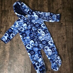 MICK MACK Fleece Hooded Onesie Baby 6-9 Months Blue Excellent Teddy Bear Print